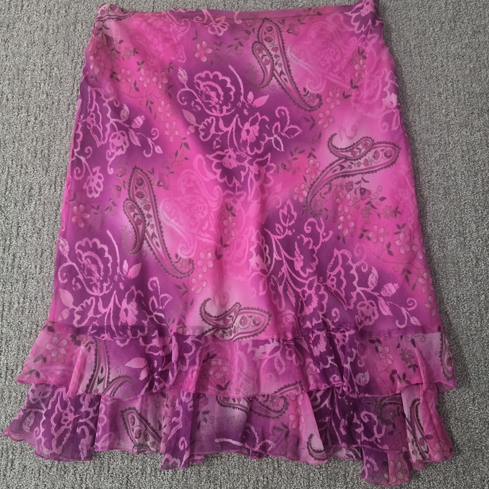 Y2K Coquette 100% Silk Pink Paisley Tiered Ruffle Midi Skirt Women's L